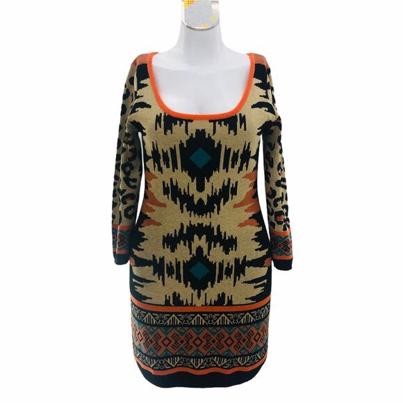 Flying Tomato MEDIUM Orange Knit Mini Sheath Sweater Dress Tribal 3/4 Sleeve - Picture 1 of 6